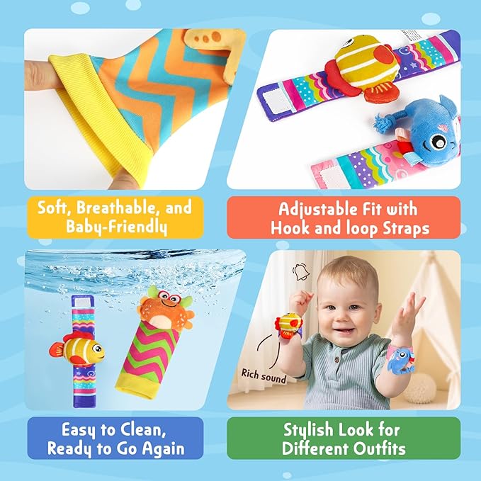 URMYWO Wrist Rattles for Baby - Rattle Socks - Foot Finder Set - Baby Toys for 0-12 Months Infant - Newborn Essentials - Early Learning Sensery Toys for Boys and Girls as Shower Gifts