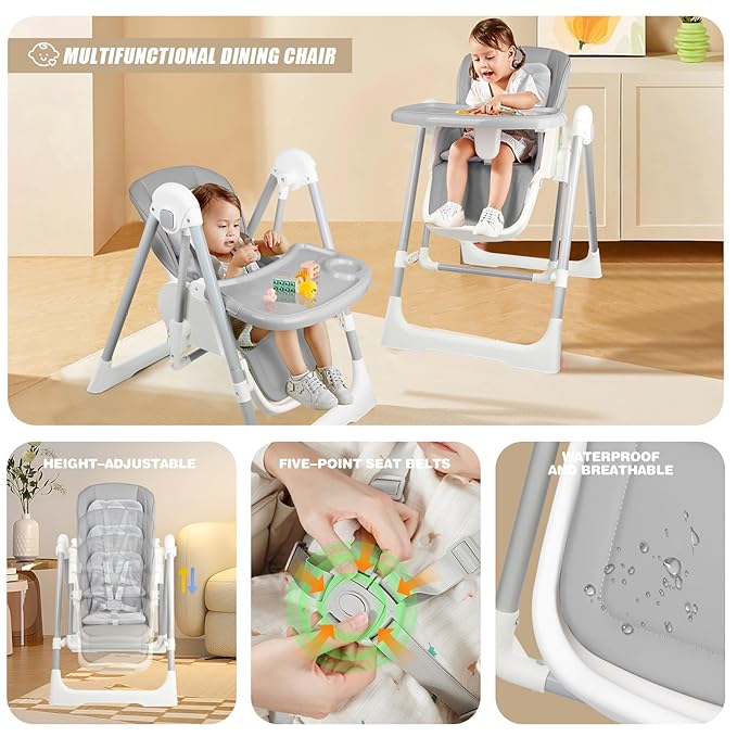 High Chairs for Babies and Toddlers Foldable High Chair Adjustable with Reclining Seat & Leg Rest, 3-in-1 Convertible Baby Swings with Tool-Free Assembly (Grey)