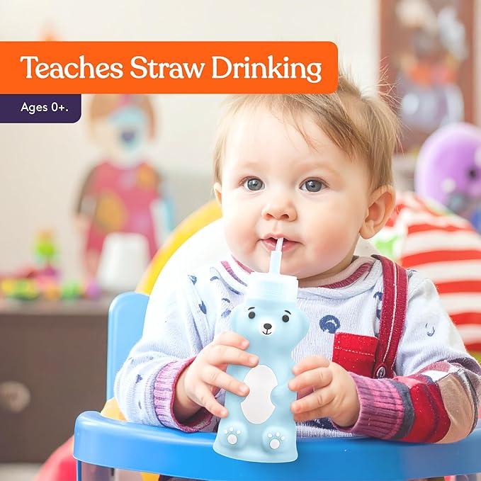 Special Supplies Honey Bear Straw Cup Long Straws, Squeezable Therapy and Special Needs Assistive Drink Container, Spill Proof and Leak Resistant Lid (Pack of 1 Bottle and 3 Straws) (Blue)