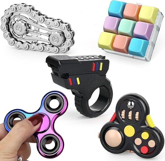 Fidget Toys Set for Adults, Sensory Pack with Fidget Slider, Fidget Cube, Spinner Toy, Keyboard Clicker Toy, Fidget Pad, Stress Relief Desk Gadget for Office, Birthday Gift Set