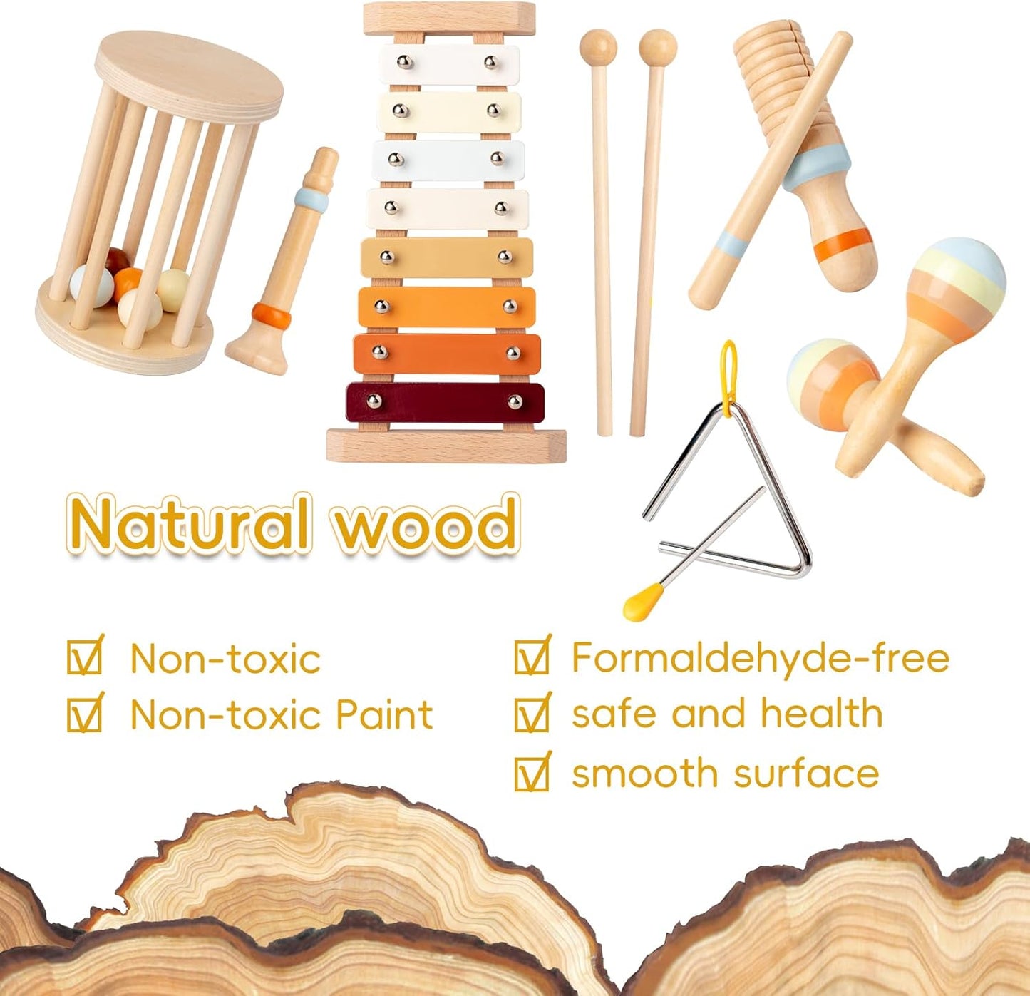 Baby Musical Instruments, 7 Pcs Set Montessori Musical Toys, Musical Instruments for Toddlers 3+, Neutral Colors Wooden Percussion Instruments Set, Suitable for Education for 3+ Children