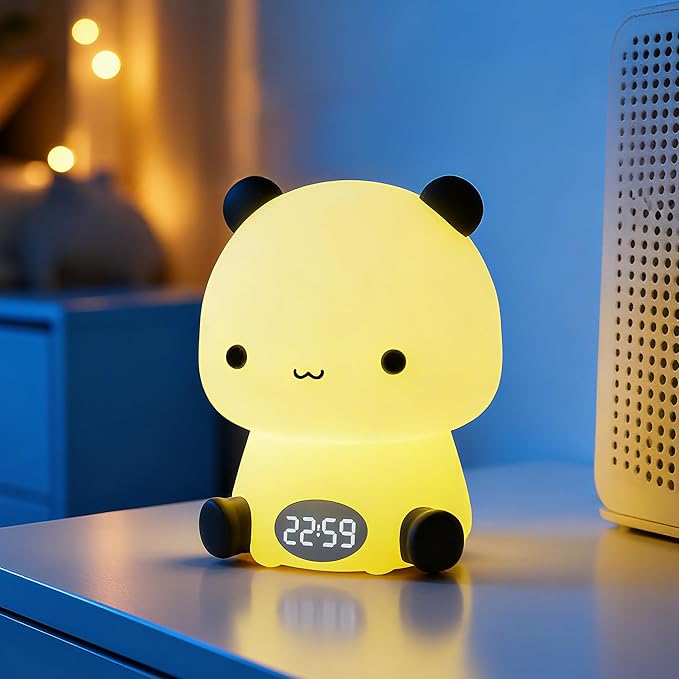 Panda Night Light for Kids, Baby Nursery LED Night Light with Bluetooth Speaker, Cute Toddler Lamp with Alarm Clock, Rechargeable Dimmable Color Changing Bedside Light for Bedroom