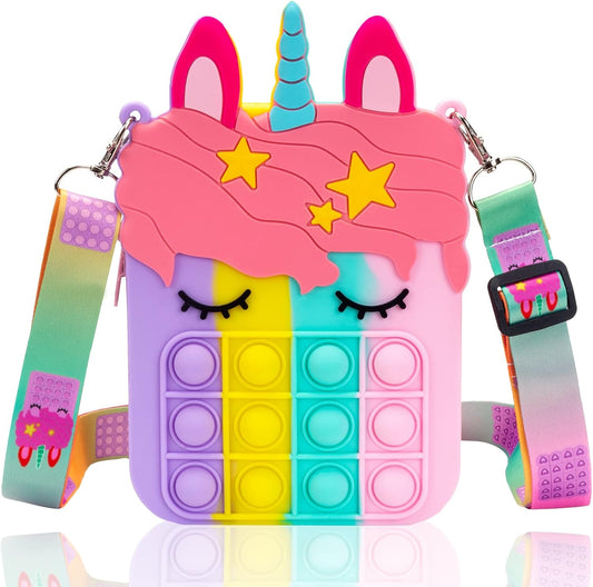 Big Pop Purse, Unicorn Pop Purse for Girl Pop Bag with Unicorn Pop Toy, Shoulder Bag Fidget Toys Pop Fidget Backpack Toy for Kids Backpack Silicone Bag Pop for Xmas Gift Girls