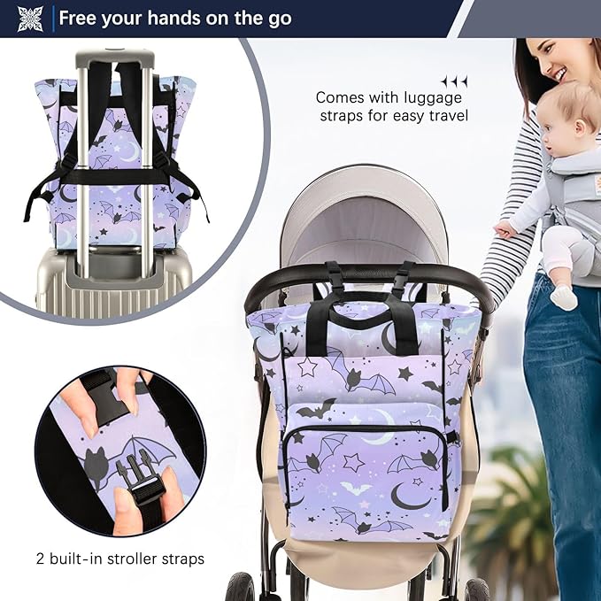 Diaper Bag Backpack Cute Bats Starry Sky Travel Diaper Bags for Women, 10L Functional Baby Changing Bag with Insulted Pockets, Stroller Straps