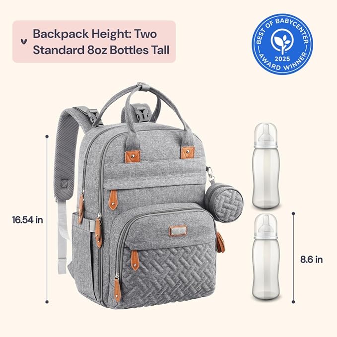 BabbleRoo Diaper Bag Backpack - Baby Essentials Travel Tote - Multi Function Water Resistant Diaper Bag, Travel Essentials Baby Bag with Changing Pad, Stroller Straps & Pacifier Case - Light Gray