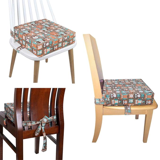 Taeku Booster Seat for Dining Table, Portable Kids Toddler Booster Chair Increasing Cushion Cartoon Seat Pad with 2 Safety Buckles for Kitchen Restaurant (Owl Orange)