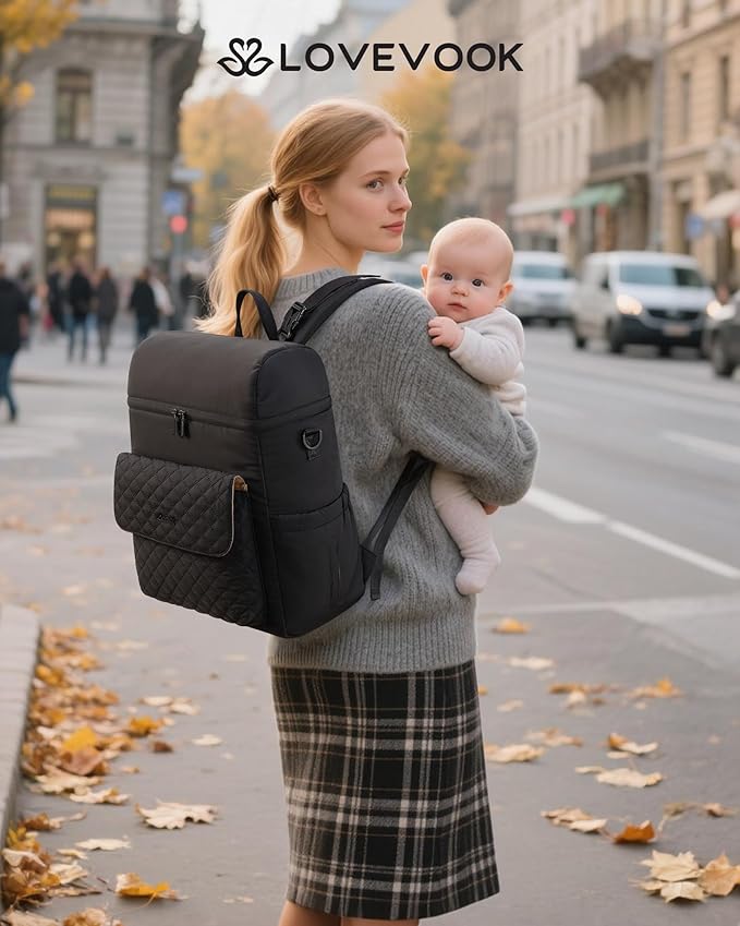 LOVEVOOK Diaper Bag Backpack, 3 in 1 Baby Bag with Changing Pad & Detachable Straps, Large Diaper Backpack for Mom Dad with Stroller Buckles, Black