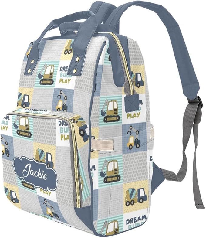 Custom Construction Baby Diaper Bag with Name – Personalized Nursing Travel Tote Backpack for Mom or Dad, Custom Name Baby Daypack Gift
