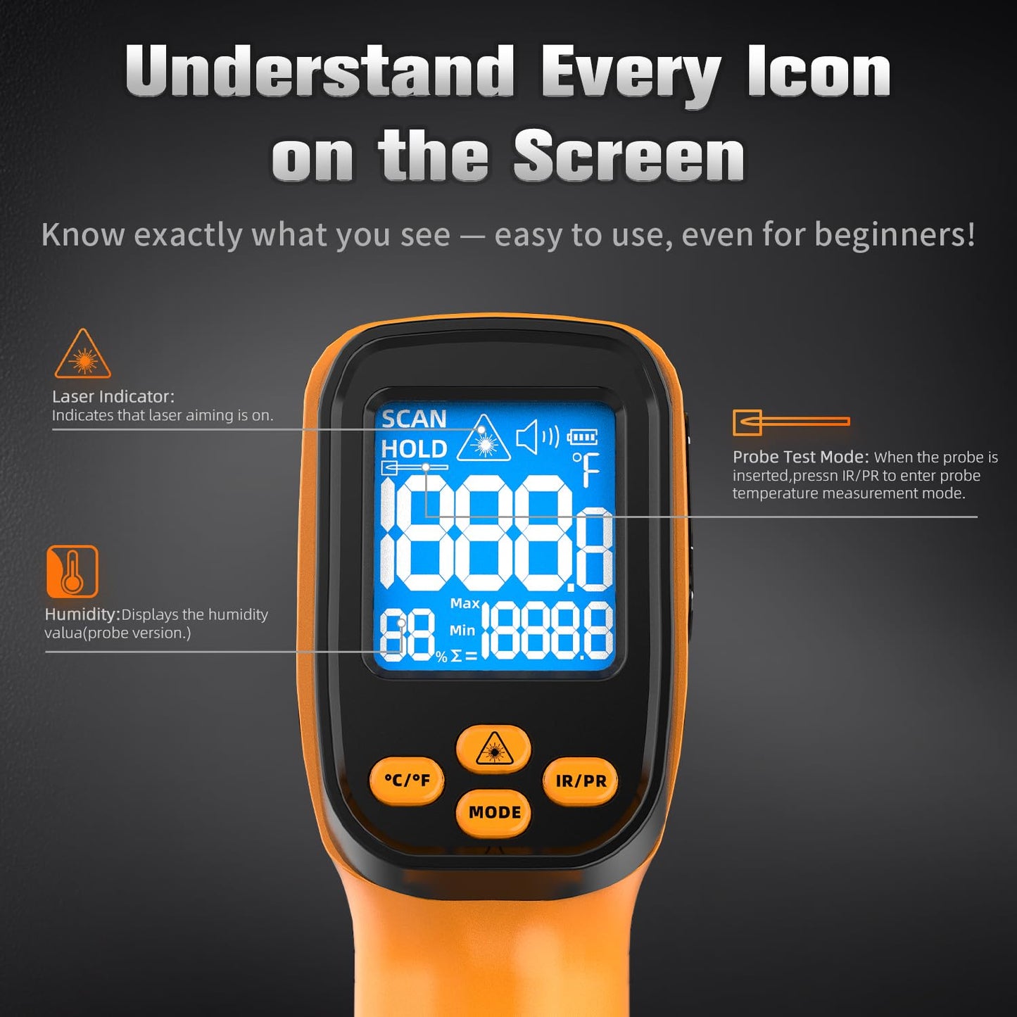 Dual-Mode Infrared Thermometer Gun，-58°F to 1472°F Laser Temp Gun, -58°F to 572°F K‑Type Probe with Humidity Display, 12:1 D:S