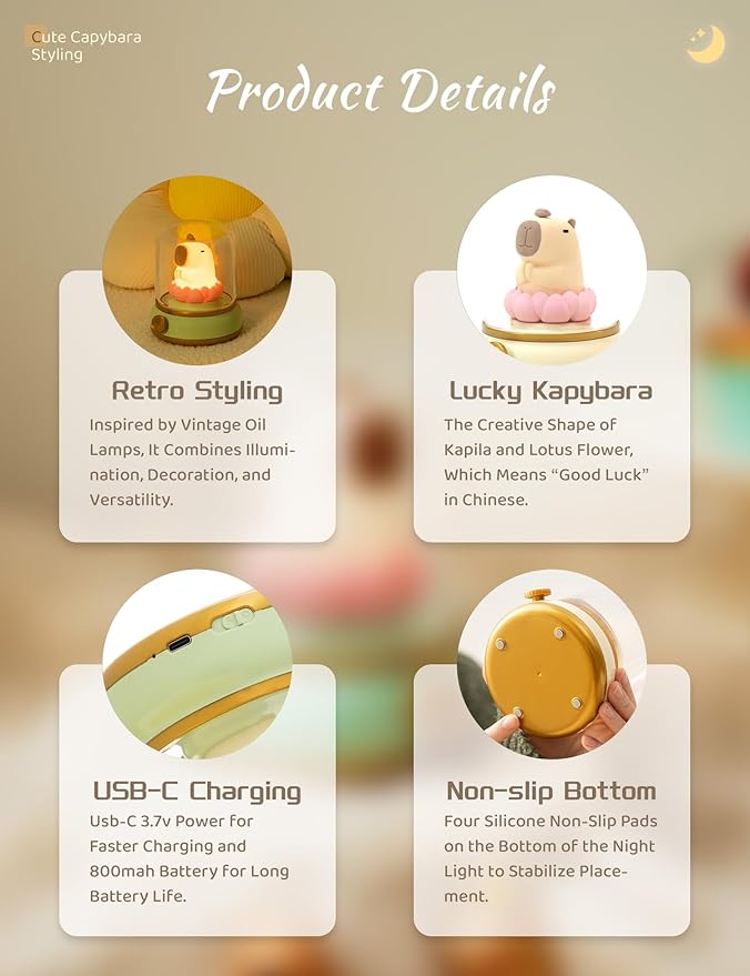 Lucky Capybara Night Light, Cute Lamp and Cozy Lighting,Rotate to Adjust Brightness,Rechargeable Night Light for Kids,Capybara Gift,Cute Stuff Gifts for Children,Lucky Capybara Bring Good Luck
