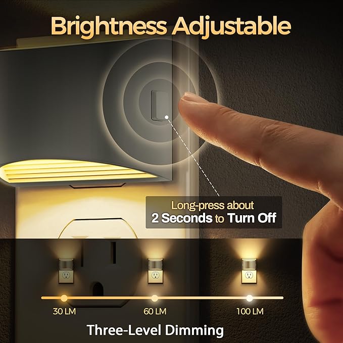 DORESshop LED Night Light[2 Pack], Night Lights Plug into Wall, 3 Level Brightness Adjustable Plug in Night Light, Dusk to Dawn Sensor Nightlights for Adults, Bedroom, Hallway, 3000K, Gray Cover