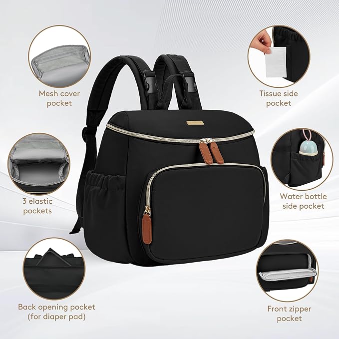 Compact Diaper Bag Backpack – Lightweight & Waterproof Baby Bag for Moms & Dads, Includes Changing Pad & Stroller Straps, Small Travel Diaper Backpack for Daily Use – Black