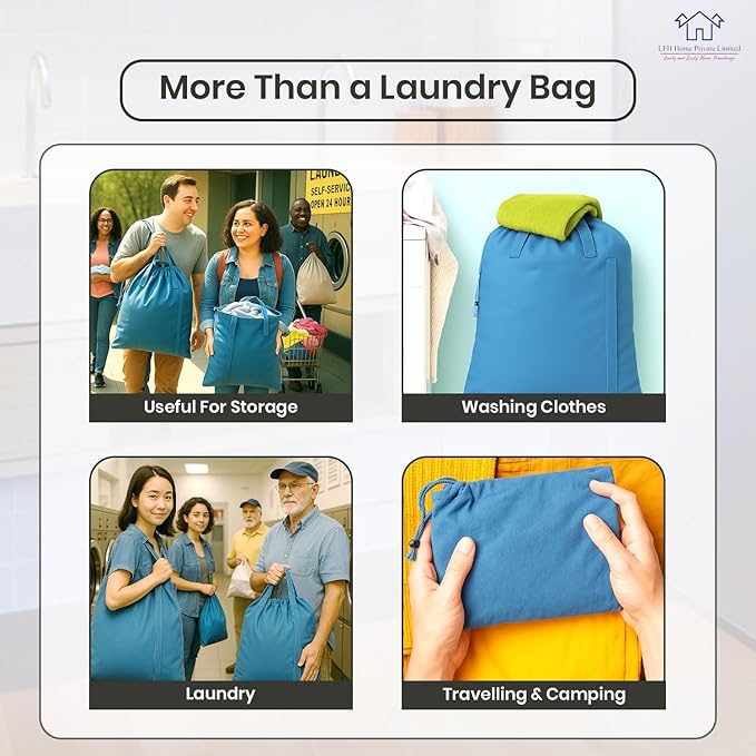 LFH Home Cotton Canvas Large Laundry Bag with Handle, Heavy Duty Drawstring Closure Washable Laundry Bags, School Travel, Home, Hotel, College Dorm, Organizer Sack, Toys Clothes 28x36-Sky Blue