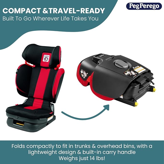 Peg Perego Viaggio Flex 120 Booster, 4D Total Adjust for Safety & Comfort, No Armrests, Compact Fold for Travel, 40-120 lbs, Made in Italy, Monza (Black & Red)