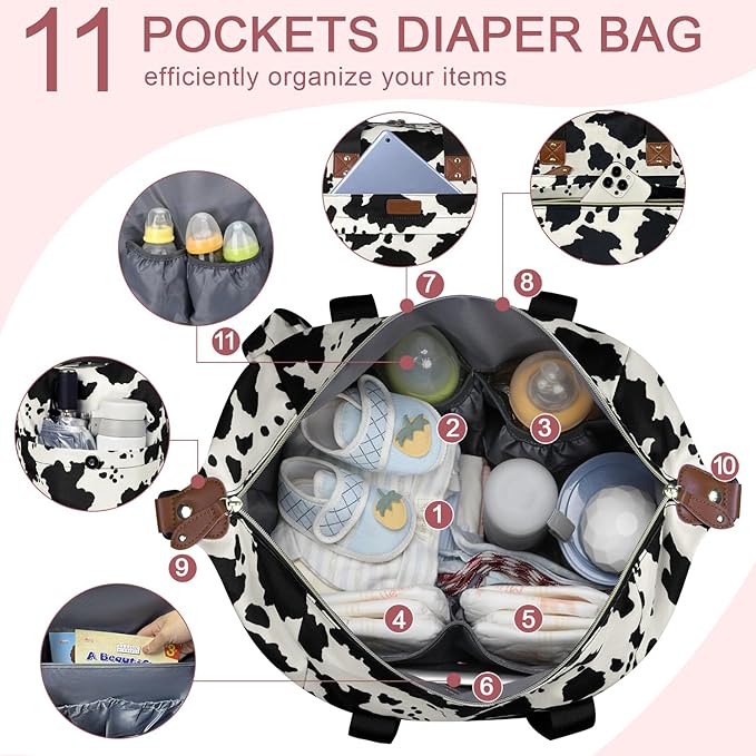 Diaper Bag Tote - Diaper Baby Bags with Pacifier Case, Shoulder Straps, Stroller Clips, Waterproof Large Mommy Maternity Bag Travel Baby Bag for Mom and Dad, Cowprint, Medium