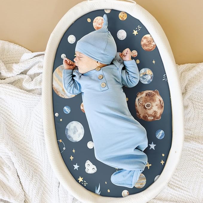 Stretchy Ultra Soft Fitted Bassinet Sheet Set 2 Pack, Universal Fit for Bassinets Baby Cradle Moses Basket Oval Rectangle Mattress Safe and Snug, Space Stylish Print