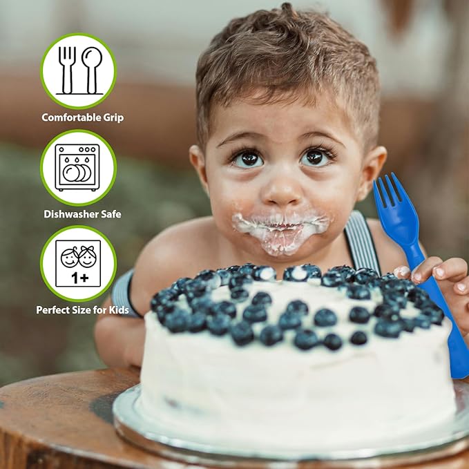 12 Pcs Kids Spoons and Forks Toddler Utensils Plastics Reusable Silverware Baby Cutlery Set Feeding Dinnerware Utensils BPA Free Microwave Dishwasher and Freezer Safe- Blue