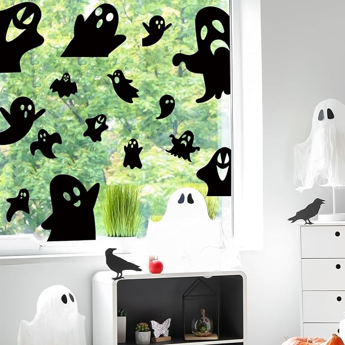 Whaline 9 Sheets Halloween Window Clings Black Ghost Silhouette Reusable Window Decals for Spooky Holiday Haunted House Home School Office Glass Decor