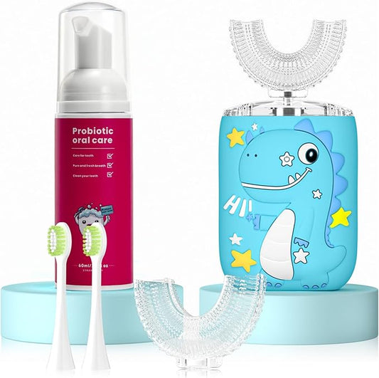 Kids Electric U Shaped Toothbrush,Kids Sonic Full Mouth Toothbrush with 4 Soft Brush Head Automatic Rechargeable 6 Cleaning Modes IPX7 Waterproof 360 Degree Cleaning - Age8-15 Blue