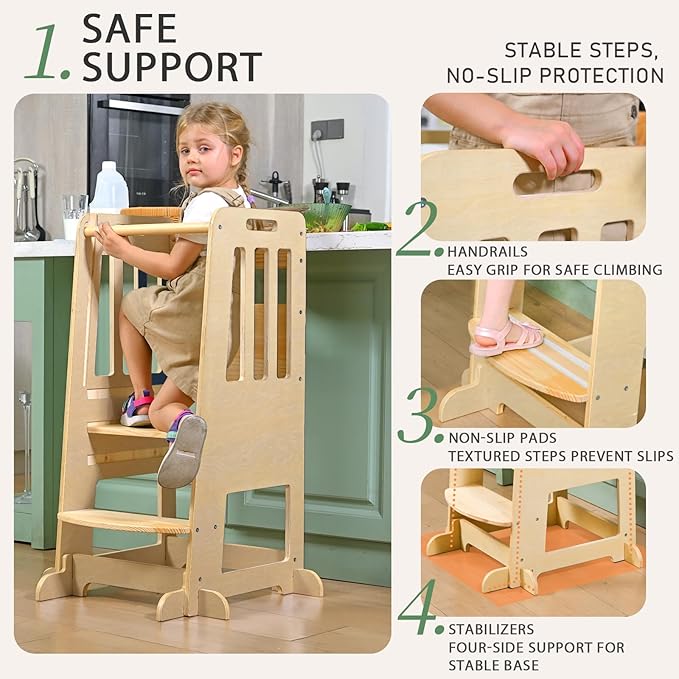 WINGYZ Toddler Kitchen Stool – Adjustable Helper Tower for Kids with Safety Rail, Wooden Standing Step-Up Stool, Sliding Door & Stable Base, Natural Wood