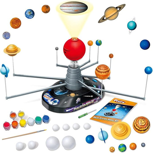 Playz Premium Solar System Model Kit for Kids - 4 Speed Motor, HD Planetarium Projector, 8 Painted Planets & 8 White Foam Balls with Paint and Brush for a Hands-On STEM DIY Project for Space Toys