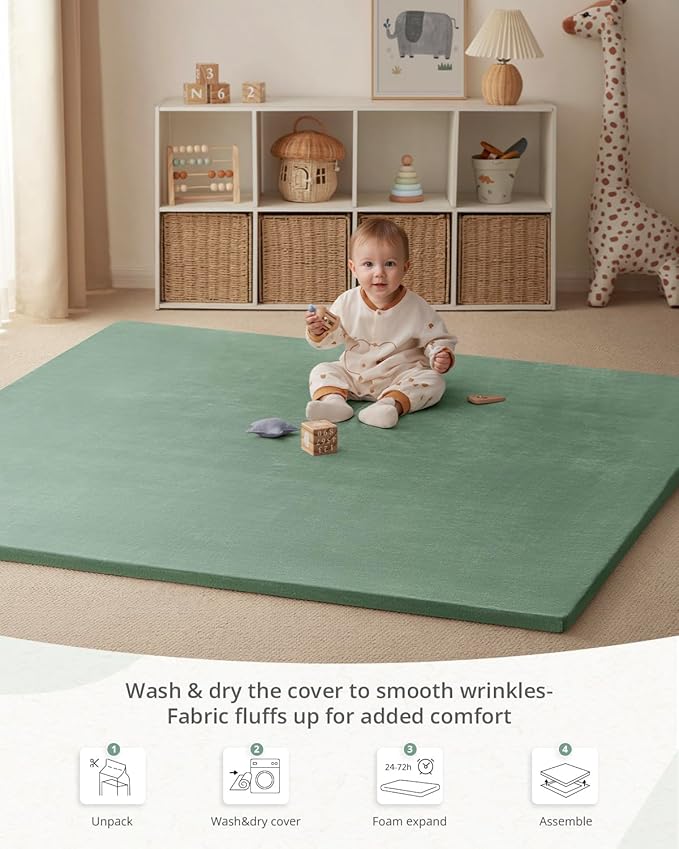 Blissful Diary Ultra Soft Baby Play Mat, 71x59 Extra Large Floor Mat with Removable & Washable Slip-On Cover for Babies and Toddlers, Sage Green