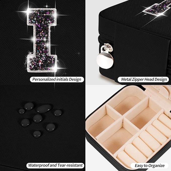 Personalized Jewelry Case for Women Girls - Fashion Mini Jewelry Boxes - Trendy Travel Jewelry Organizer with Initials Letter - Teen Gifts | Black,I