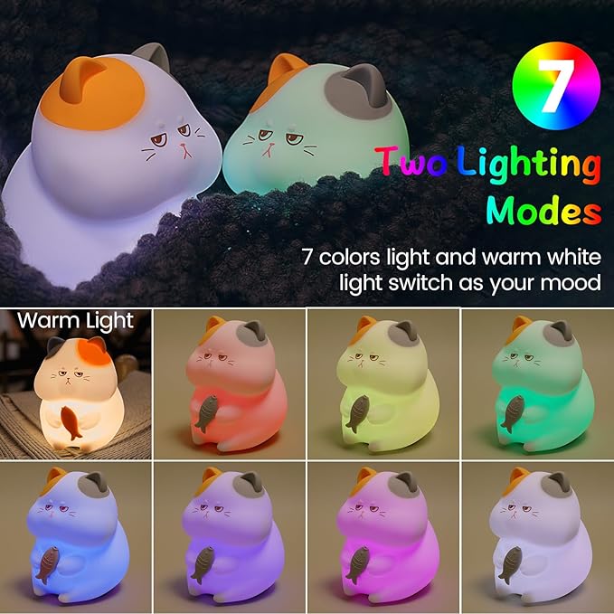 Greedy Cat Night Light for Kids, 3 Levels Dimmable Cute Kitty Nursery Nightlight with Touch Color Change, Squishy Silicone Rechargeable Bedside Lamp for Baby/Pregnant Mom/Elderly/Adults