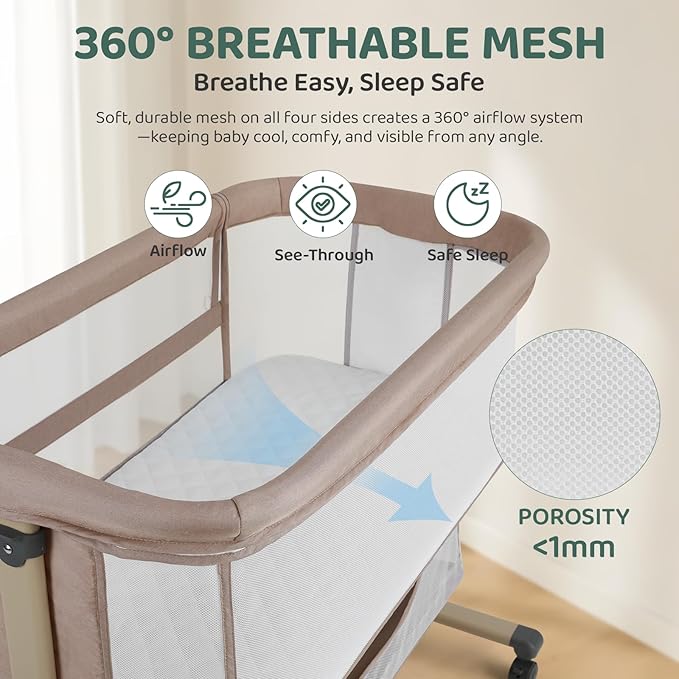 Cowiewie Bassinet Bedside Sleeper, Portable, Breathable, Adjustable Baby Bedside Bassinet for Peaceful Nights, Beige