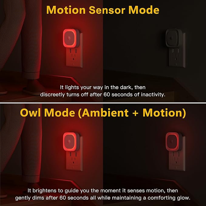 2 Pack Plug in Red Sleep Night Light with Motion Sensor & Dusk to Dawn Sensor, Soft Glow, Dimmable, LED Lights for Bedroom, Sleep, Baby Nursery, Kids, Toddler, Bathroom, Hallway, Home Decor