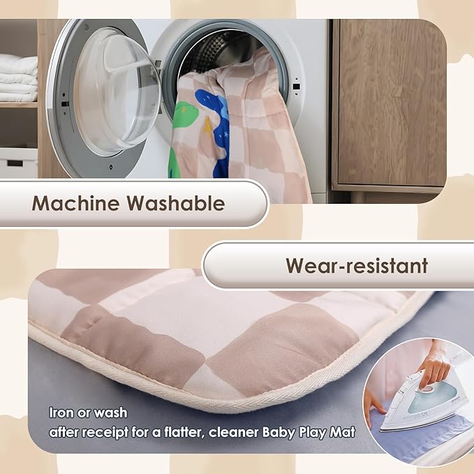 Baby Play Mat, Foldable Play Mats for Floor, 50x50 Inches Crawling Mat for Playpen with Anti-Slip Bottom, Machine Washable, Thicken Padding Foam Playmats for Babies and Toddlers (Sand Checks)