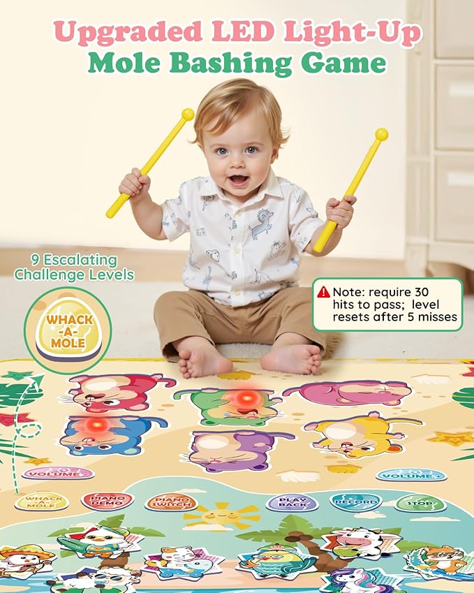 3-in-1 Musical Mat Toys for Toddlers, Led Light Up Mole Bashing & Piano Keyboard & Animal Sounds with 2 Drum Sticks,Early Educational Musical Learning Toys, Birthday Gifts for 3+ Boys & Girls