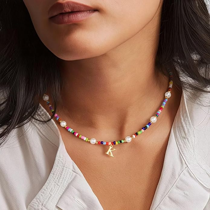 M MOOHAM Colorful Initial Necklaces for Girls - Beaded Pearl Choker Necklace for Women Teen Girl Colorful Summer Boho Necklace Jewelry, Trendy Personalized Letter Initial Gifts Birthday Gifts Kids