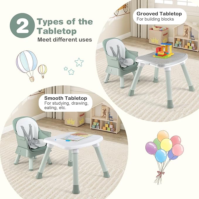 BABY JOY Baby High Chair, 8 in 1 Convertible Highchair for Babies & Toddlers | Booster Seat | Table and Chair Set | Building Block Table | Toddler Chair with Safety Harness, Removable Tray (Green)