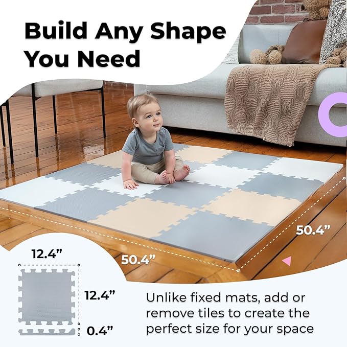 MioTetto Baby Play Mat, Soft Foam Floor Tiles for Kids. Adjustable Interlocking Foam Tiles, Fits with 50x50 Playpen Baby mat for Crawling & Development, Safe & Non-Toxic Playmat for Babies 6-12 Months
