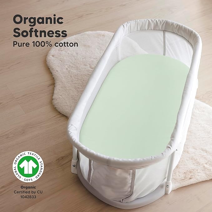 2-Pack Organic Bassinet Sheets for Girls, Boys - 100% Cotton Bassinet Mattress Sheets Compatible with Halo Bassinest Swivel Sleeper, Graco, Baby Delight, Chicco, Unisex Fitted Bassinet Sheets (Sage)