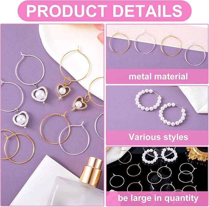 Pndeyo 300pcs Hypoallergenic Earring Beading Hoops, Round Hoop Earrings Findings, Open Earring Wire Ring Accessories for Jewelry Making- Silver & Gold