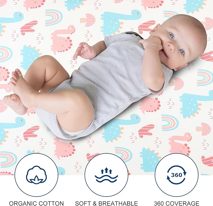 Bassinet Bed Sheet Set 2 Pcs Fits Rectangle Oval Halo Hourglass Mattress Stretch Bassinet Bed Sheet Soft and Comfortable (Deer Park) (Rainbow & Dinosaur)