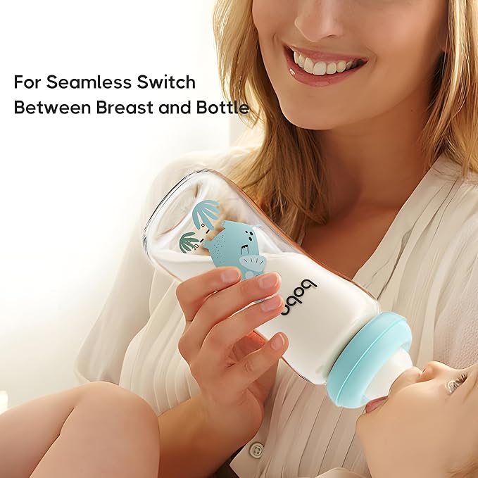 YOHKOH Natural Glass Baby Bottle with Natural Response Nipple, Newborn Anti-Colic Baby Bottles, Wide Neck Mushroom Cap Baby Bottle, Clear (8.8ounce (Pack of 4), Blue2)