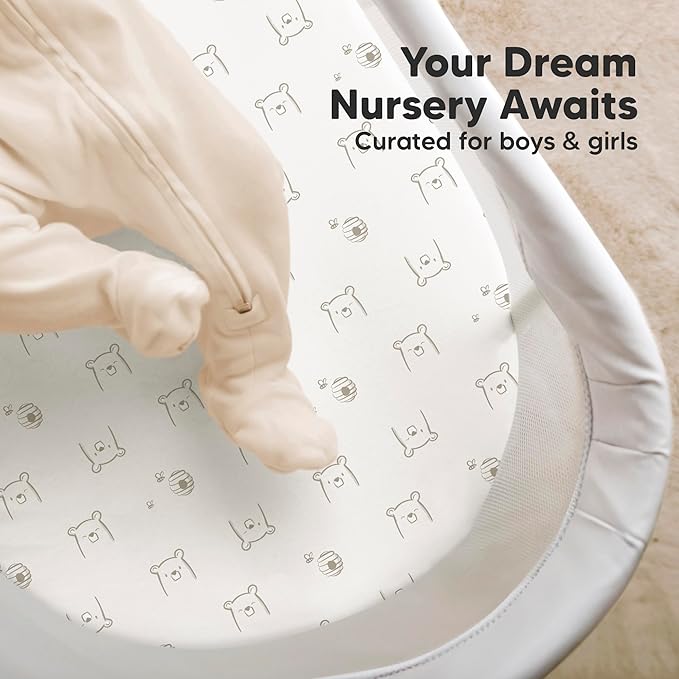 2-Pack Organic Bassinet Sheets for Girls, Boys - 100% Cotton Bassinet Mattress Sheets Compatible with Halo Bassinest Swivel Sleeper, Graco, Baby Delight, Chicco, Fitted Bassinet Sheets (Bumble Bear)