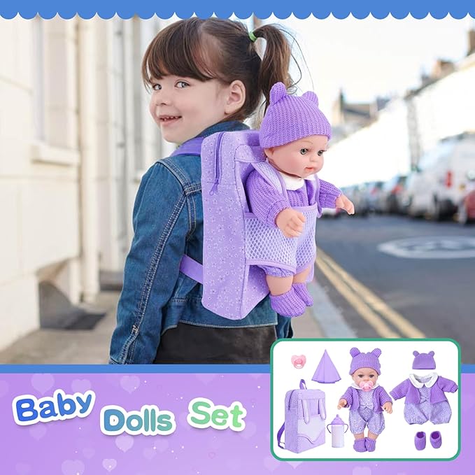 ZNTWEI 12 Inch Backpack Baby Doll Playset with Washable Dolls and Accessories Includes Backpack, Bottles, Nipple, Blankets, Hats, Clothes, Socks First Baby Dolls for Toddlers 3 Years and Up