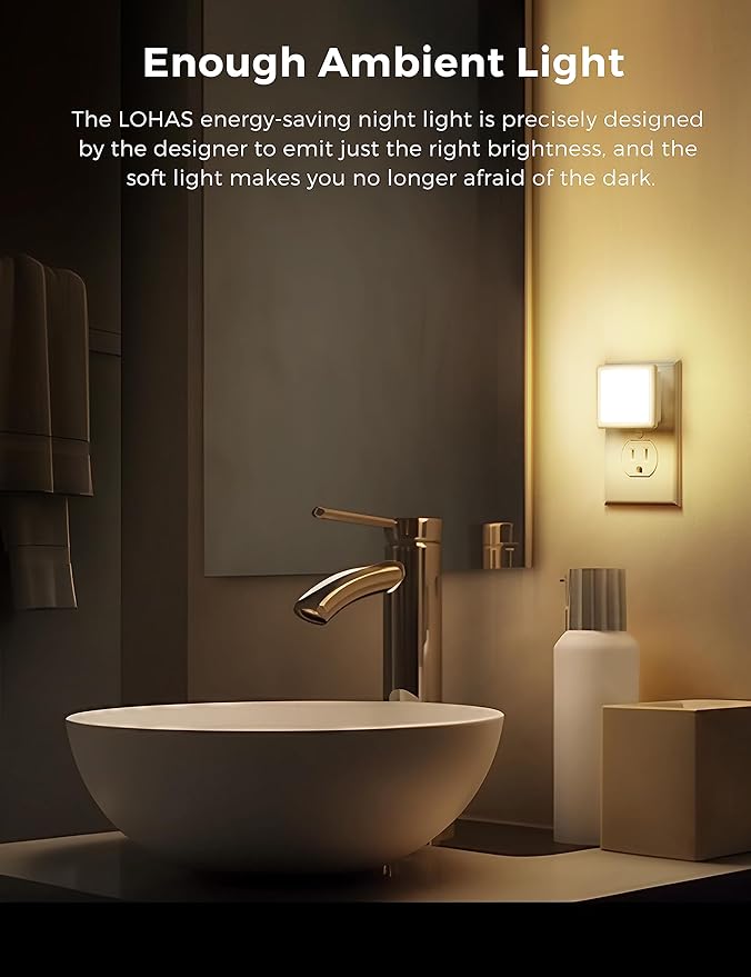 L LOHAS LED Night Lights Plug into Wall 2-Pack, 0.3W Plug in Night Light, Dusk to Dawn, 3000K Soft White, Bright Nightlight Auto-On/Off, for Adults Kids Room Bedroom Bathroom Hallway Kitchen, Non-Dim