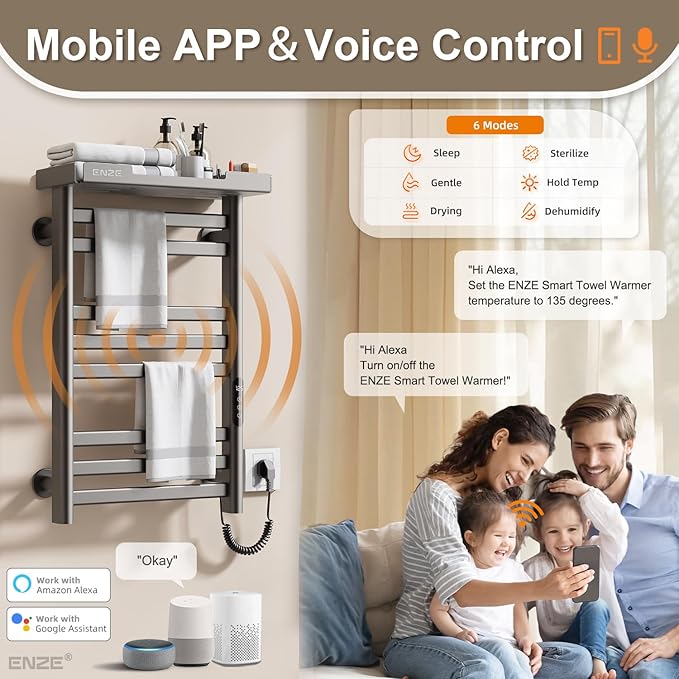 ENZE Heated Towel Rack with Shelf and Wi-Fi App Control, 8 Bars Electric Wall Mounted Towel Warmer with Timer & Adjustable Temperature, Low Carbon Steel, Plug-in/Hardwired, Gray