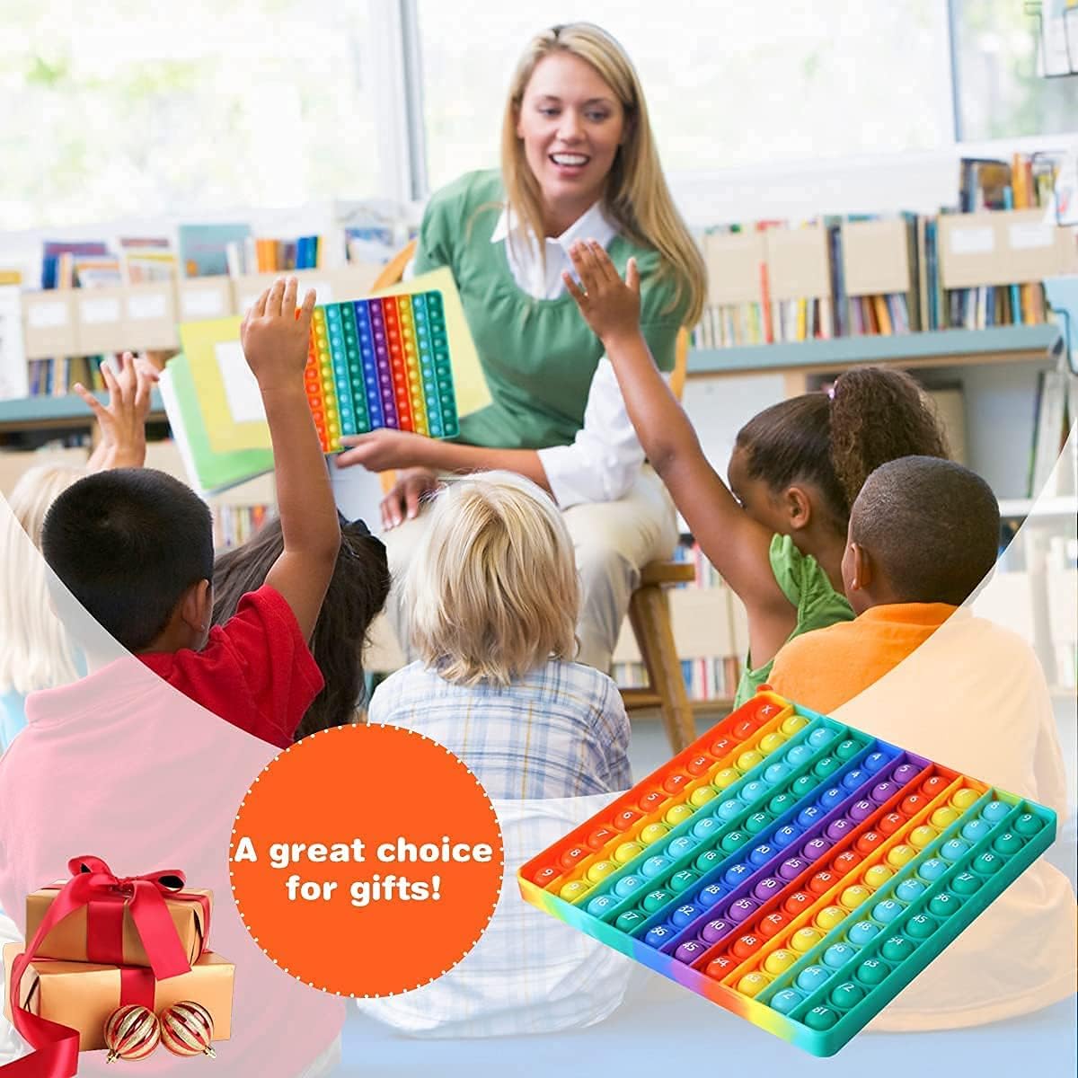 Large P0pp with Numbers, Rainbow Square Dimples Fidgett Ttoy 100 Bubble Math Toy Learning Tool for Teachers to Make Various Math Operations (1-100 Numbers)