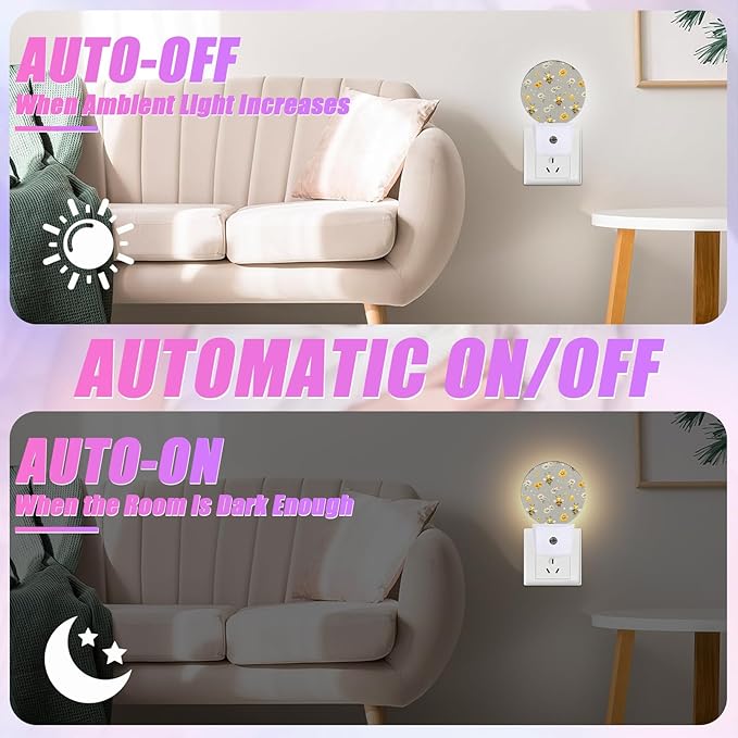 Cute Bee Night Light Daisy Flower Night Lights LED Lamp Round Plug into Wall Nightlight with Dusk to Dawn Sensor Home Hallway Stairway Kitchen Decor