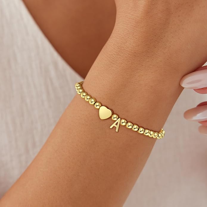 Gold Initial Bracelets for Women Girls - 18K Gold Plated A-Z Heart Initial Bracelet Dainty Beaded Bracelet Gold Bracelets for Women Teen Girl Gifts Trendy Stuff
