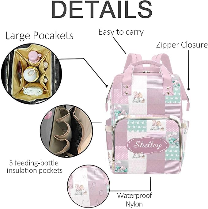 Custom Dragon Pink Baby Diaper Bag with Name – Personalized Nursing Travel Tote Backpack for Mom or Dad, Custom Name Baby Daypack Gift