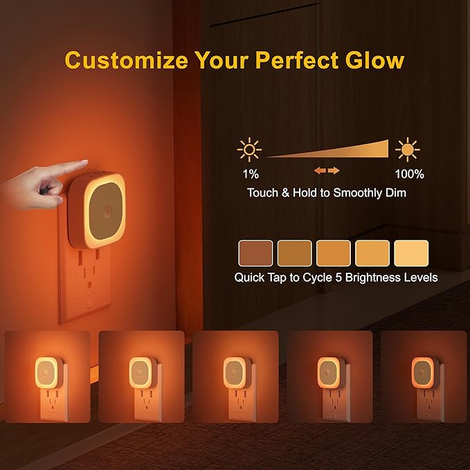 2 Pack Plug in Night Light with Motion Sensor & Dusk to Dawn Sensor, 3 Sensor Modes, Dimmable Night Lights Plug into Wall, Amber Nightlight for Sleep, Bathroom, Bedroom, Indoors, Kids