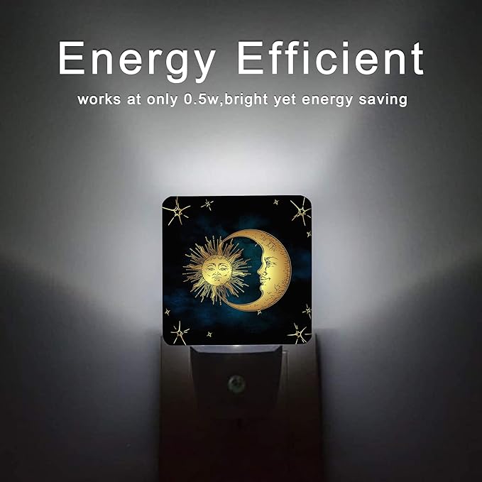 Celestial Moon Golden Sun Night Light,Boho Chic Stars Night Lights Plug into Wall with Dusk to Dawn Light Sensors 0.5W Dim Night-Lights for Bedroom