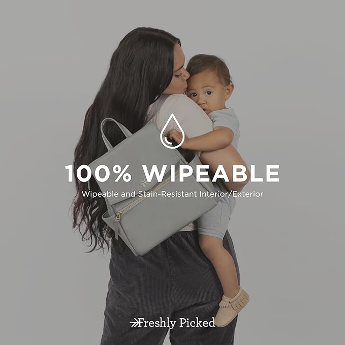 Freshly Picked Mini Classic Diaper Bag Backpack, Wipeable Vegan Leather, Womens (Stone)